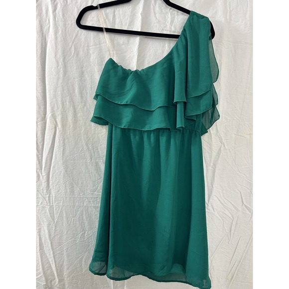 buttons Dresses & Skirts - Buttons Mini Dress Womens Size XS‎ One Shoulder Solid Green Ruffles